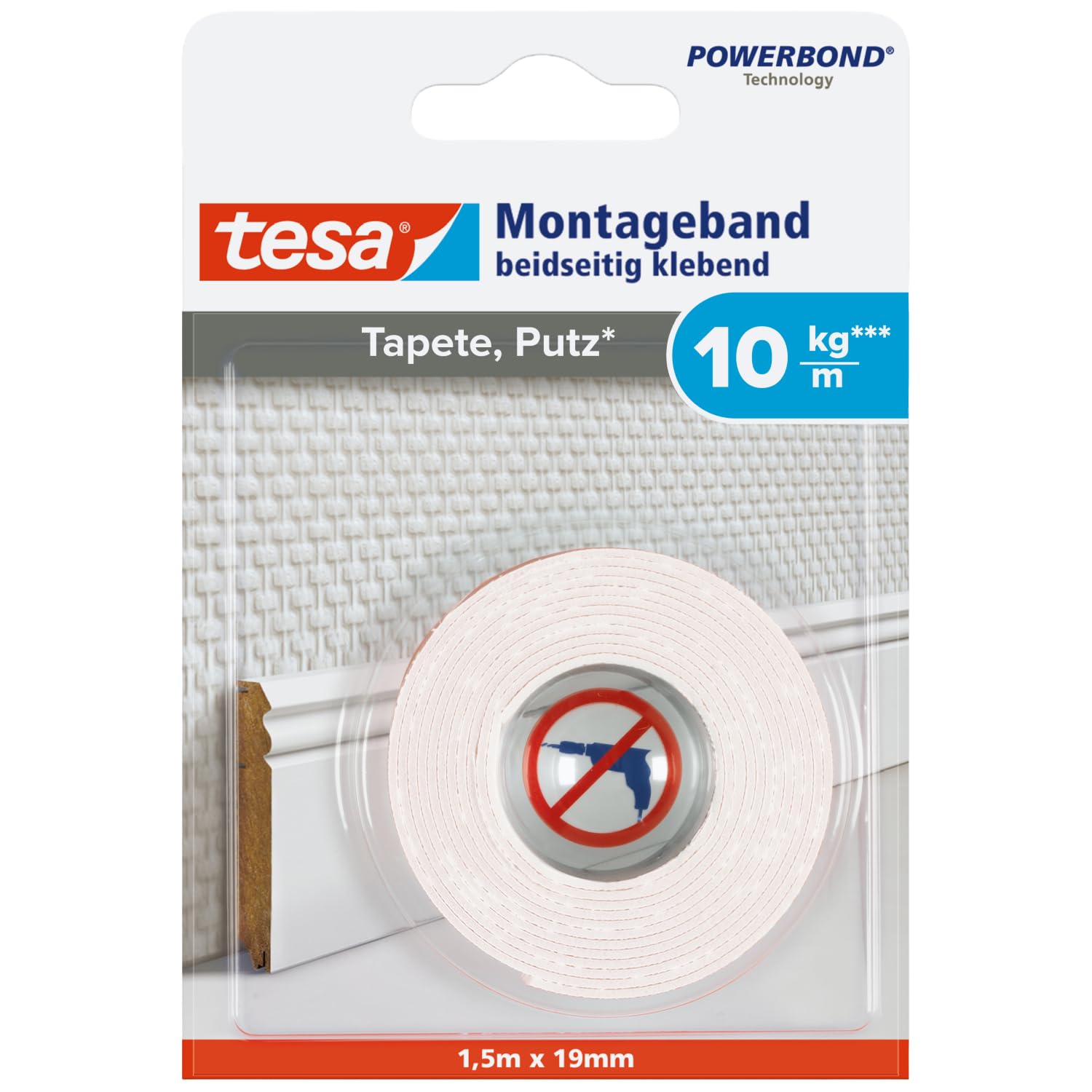 Detalle de tesa Montageband Tapete&Putz – 1,5 m × 19 mm, 10 kg Haltekraft pro Meter