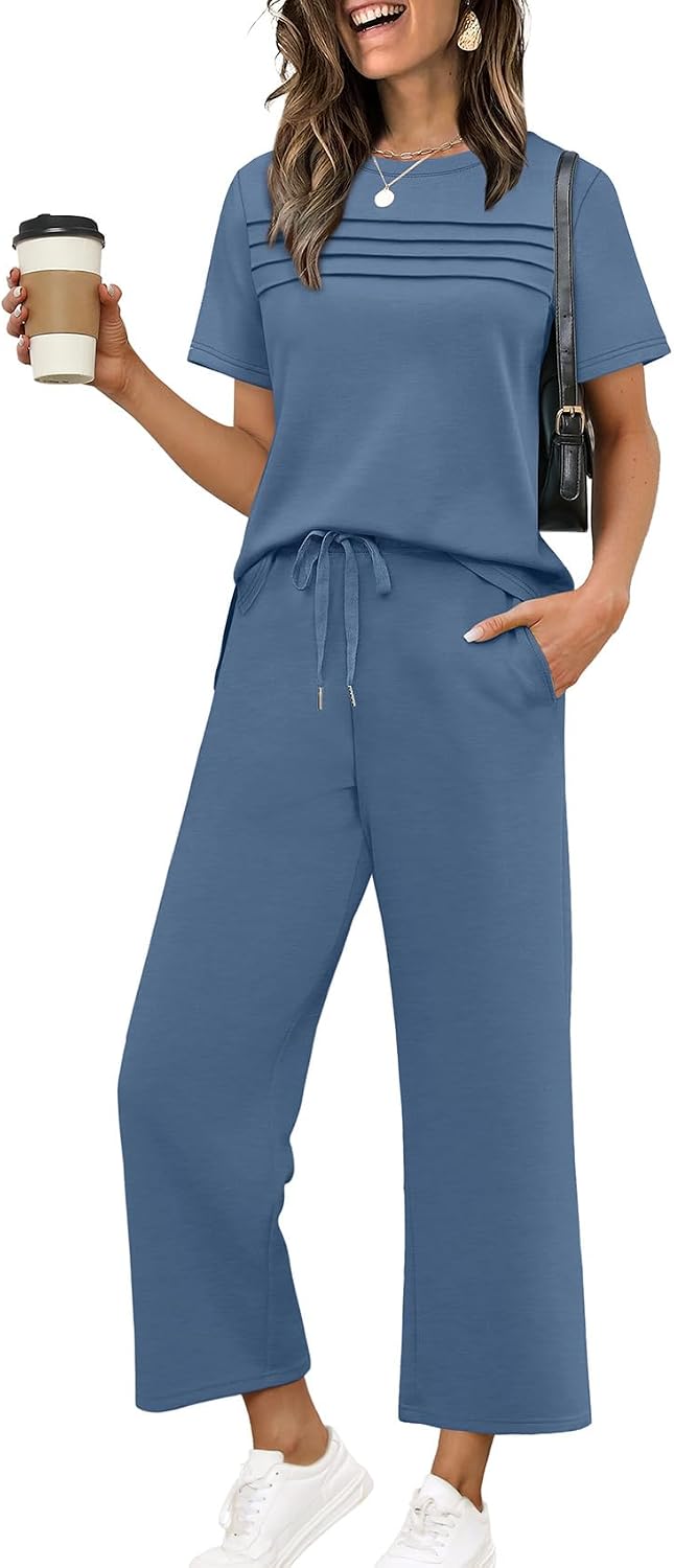 Detalle de WIHOLL Two Piece Sets for Women - Lightweight Summer Lounging Set with Side Slit Top & Wide Leg Pants