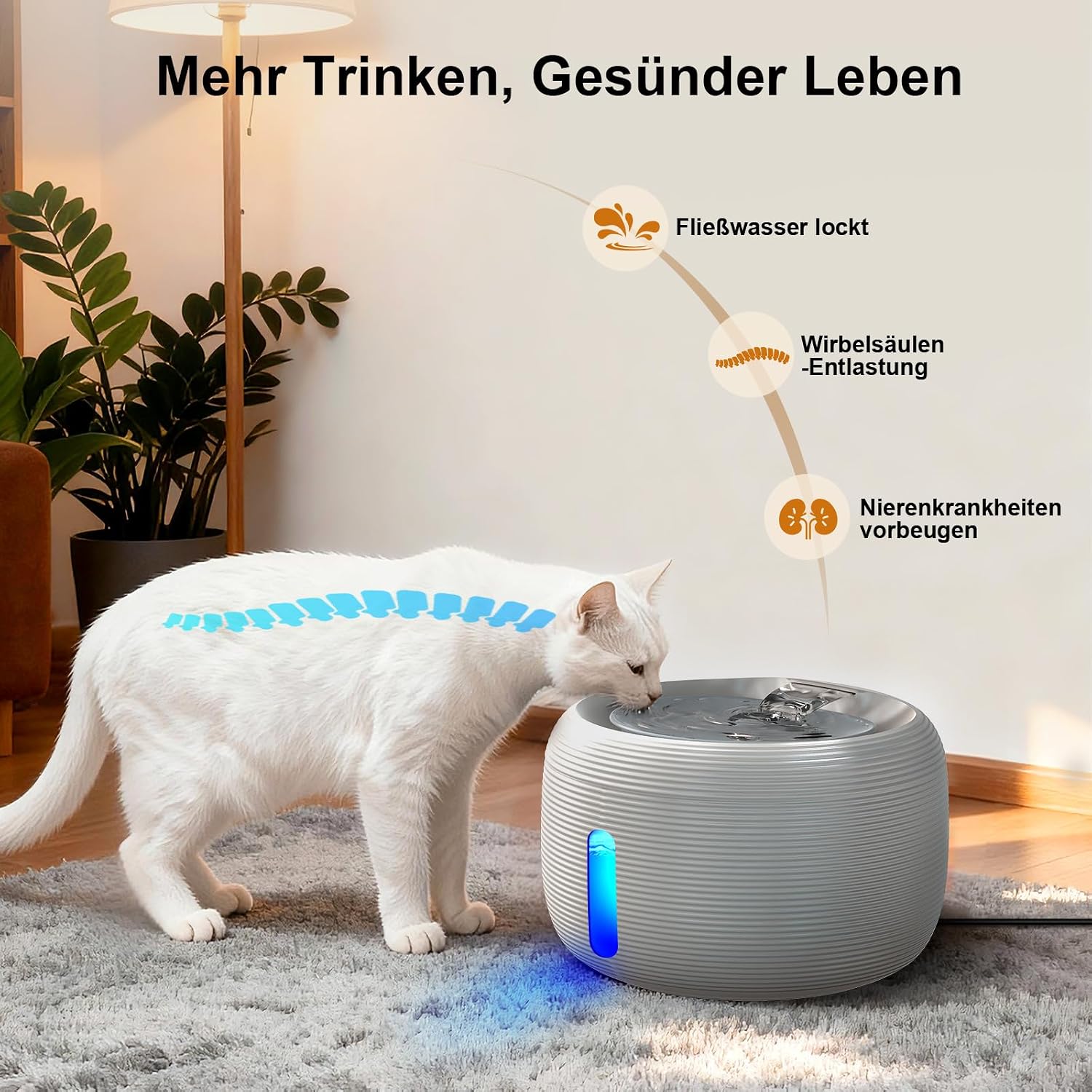 Detalle de SIBAYS Trinkbrunnen für Katze – 3,5 L, leise Pumpe, LED-Fenster und 2 Aktivkohlefilter (FS77, GY)