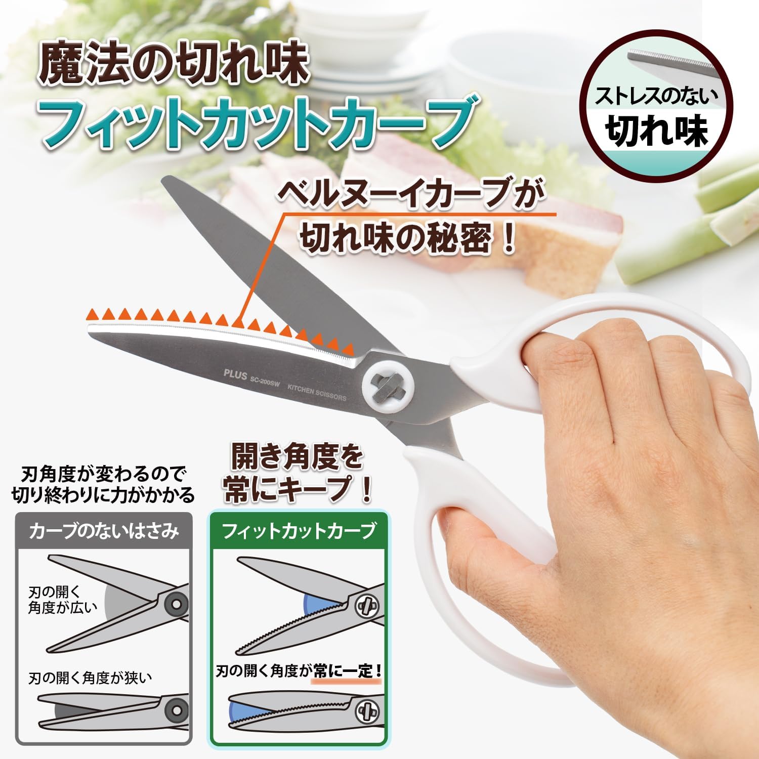 Detalle de PLUS SC-200SWP/35-719 フィットカットカーブ 料理ばさみ 分解洗浄・食洗機対応 ブラック