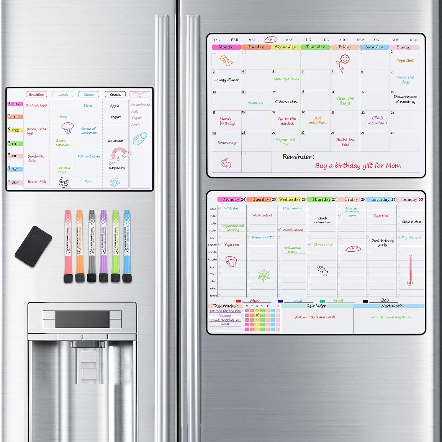 Thumbnail 1 de POPRUN 3 Pack Magnetic Dry Erase Calendar Whiteboard Set for Fridge (A3 family weekly & monthly planner)