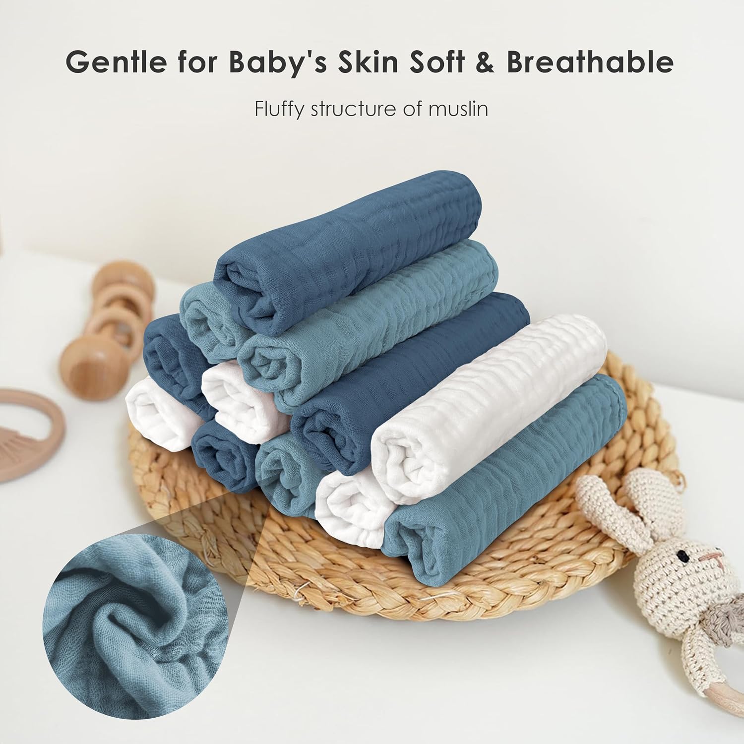Detalle de Sunny zzzZZ Muslin Burp Cloths, 100% Cotton, 4-Layer, 12-Pack