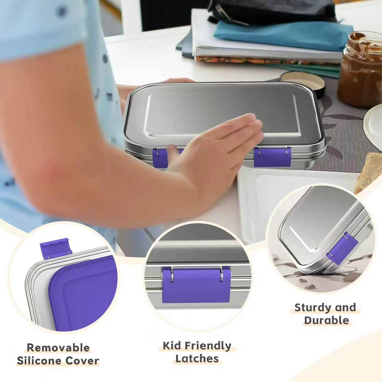 Thumbnail 3 de BOSEDSANG Stainless Steel Kids Leak-Resistant Bento Lunch Box (3 Compartments) - Purple