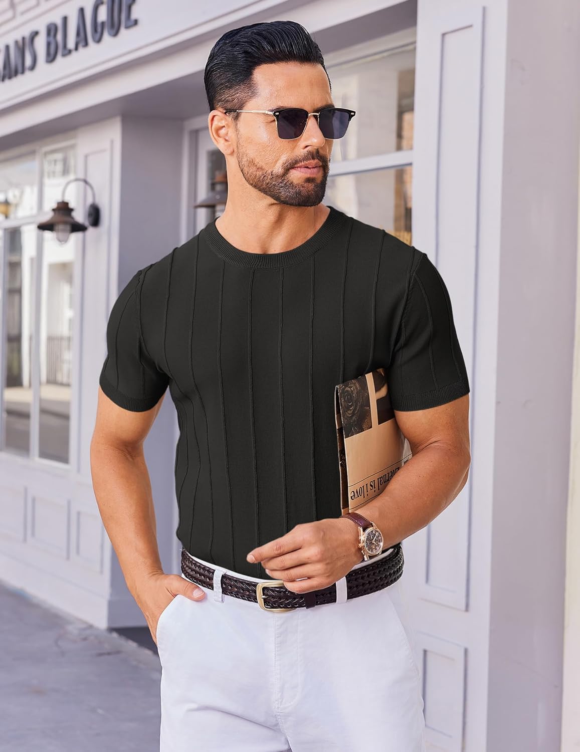 Detalle de COOFANDY Men's Knit T-Shirt: Short Sleeve Crewneck Pullover
