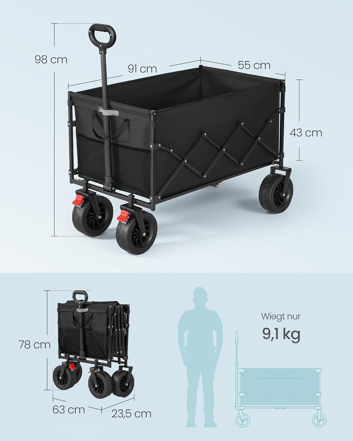Thumbnail 6 de SONGMICS Kleiner faltbarer Handwagen GFW201B101 – kompakt, belastbar bis 180 kg, 4 Rollen (2 universal), 63×23,5×78 cm, tintenschwarz
