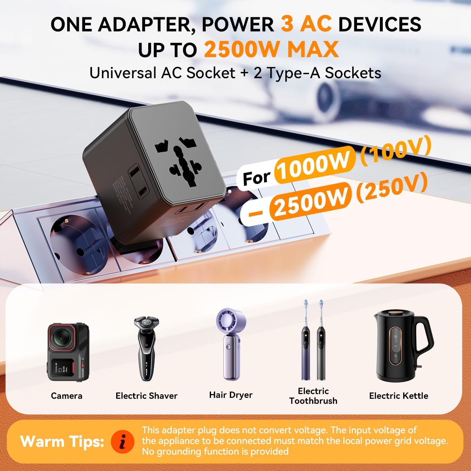 Detalle 2 de Auxmir Reiseadapter Weltweit – Universeller Steckdosenadapter mit USB-C und USB-A, 2500W, Safe & Kompakt