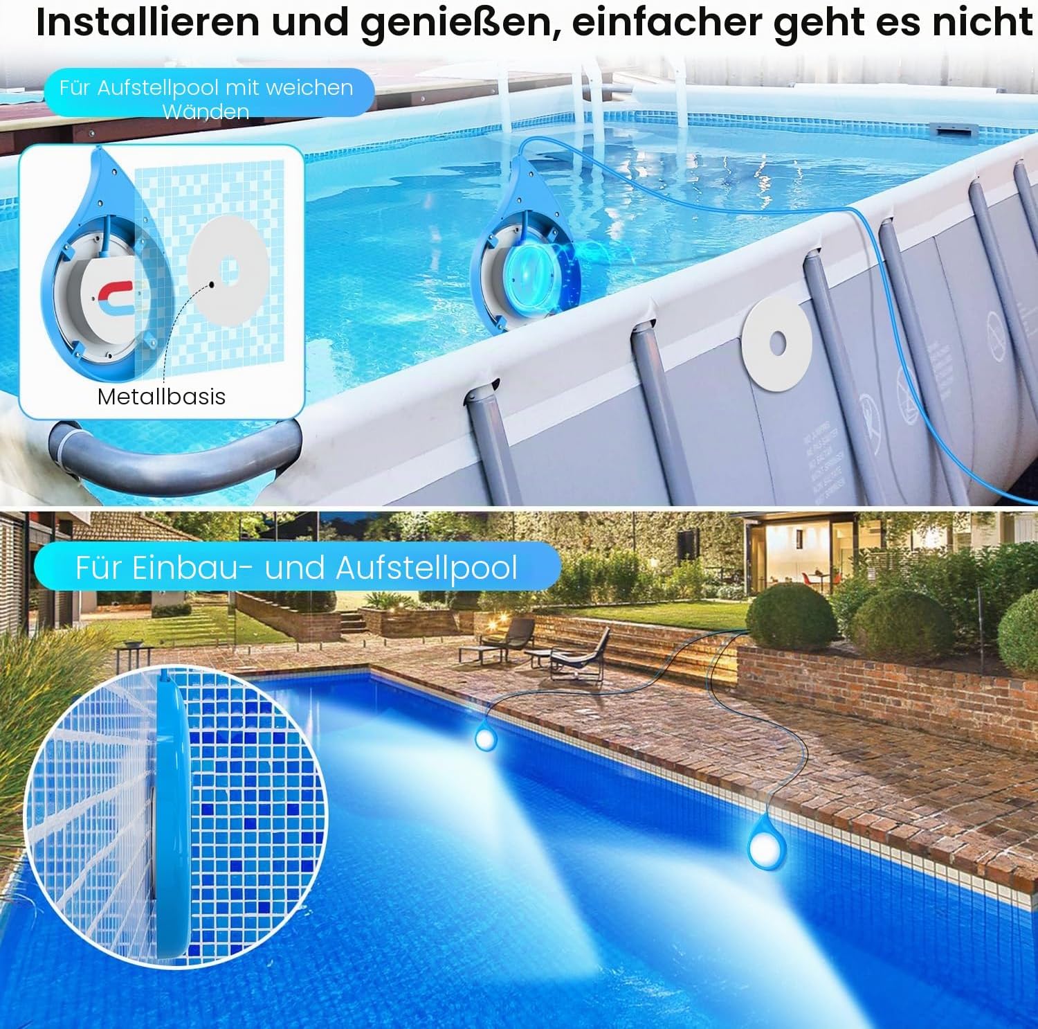 Thumbnail 1 de LyLmLe 40W Poolbeleuchtung LED Doppel-Licht mit 6,5 m Kabel – RGB Unterwasser-Spotlight mit App-Steuerung, IP68