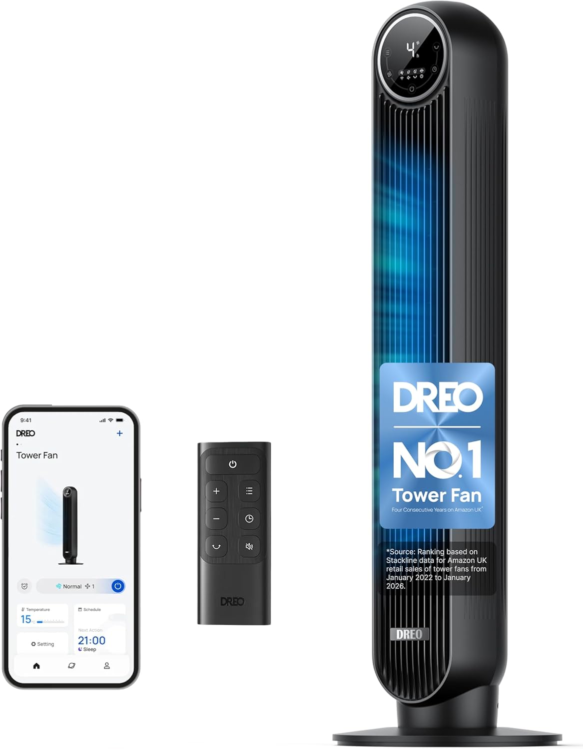 Detalle de DREO 20dB Smart Silent Tower Fan with Remote and App Control