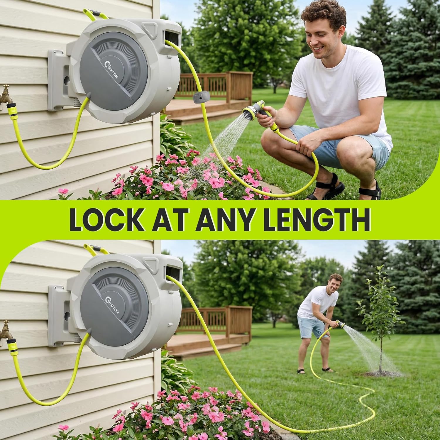 Detalle de Bietor Retractable Garden Hose Reel with 45m Main Hose + 2m Lead, UV-Resistant Wall Mount, 10-Pattern Nozzle, 180° Swivel, Slow Return