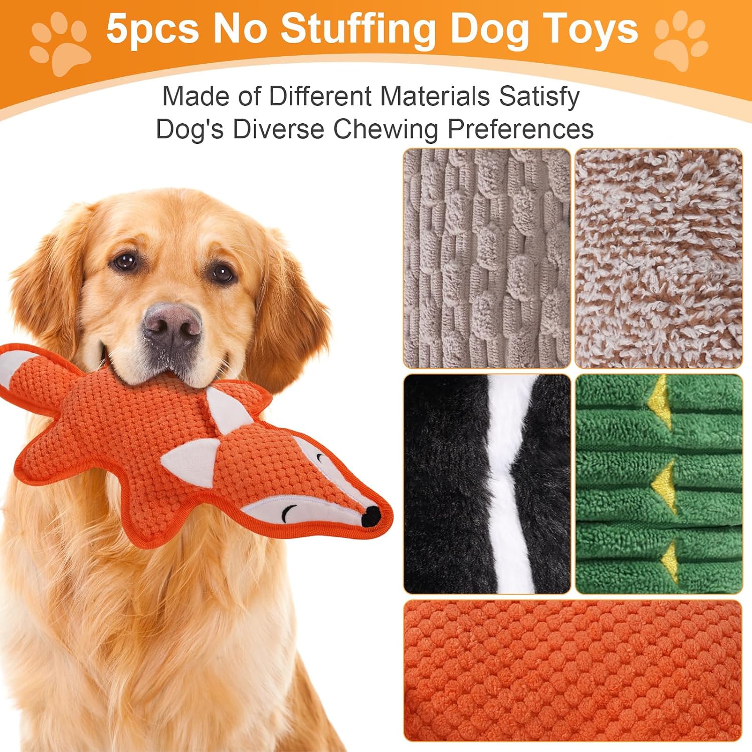 Detalle de Eneston SHE-008 No-Stuffing Squeaky Dog Toy Set with Crinkle Paper, 5-Pack