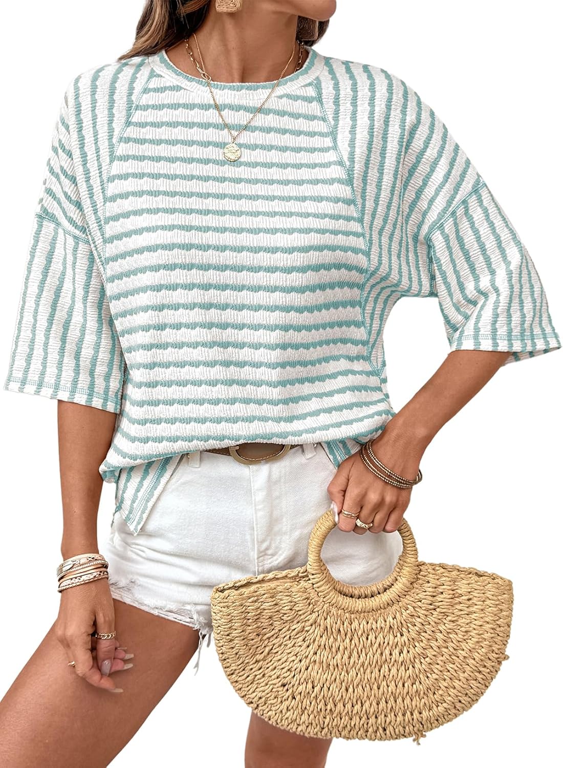 Thumbnail 6 de Dokotoo Women’s Summer Oversized Striped Color Block T-Shirt - Short Sleeve Crewneck