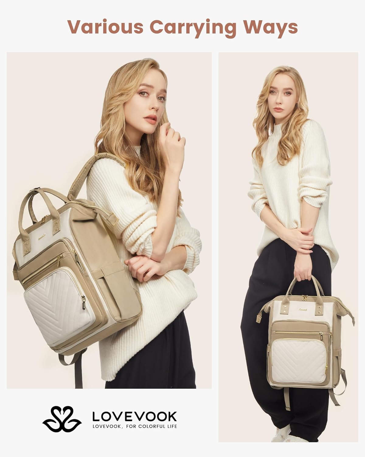 Detalle 2 de LOVEVOOK Sac à dos portable pour femme – A-kaki et beige, 15,6 Zoll, décontracté