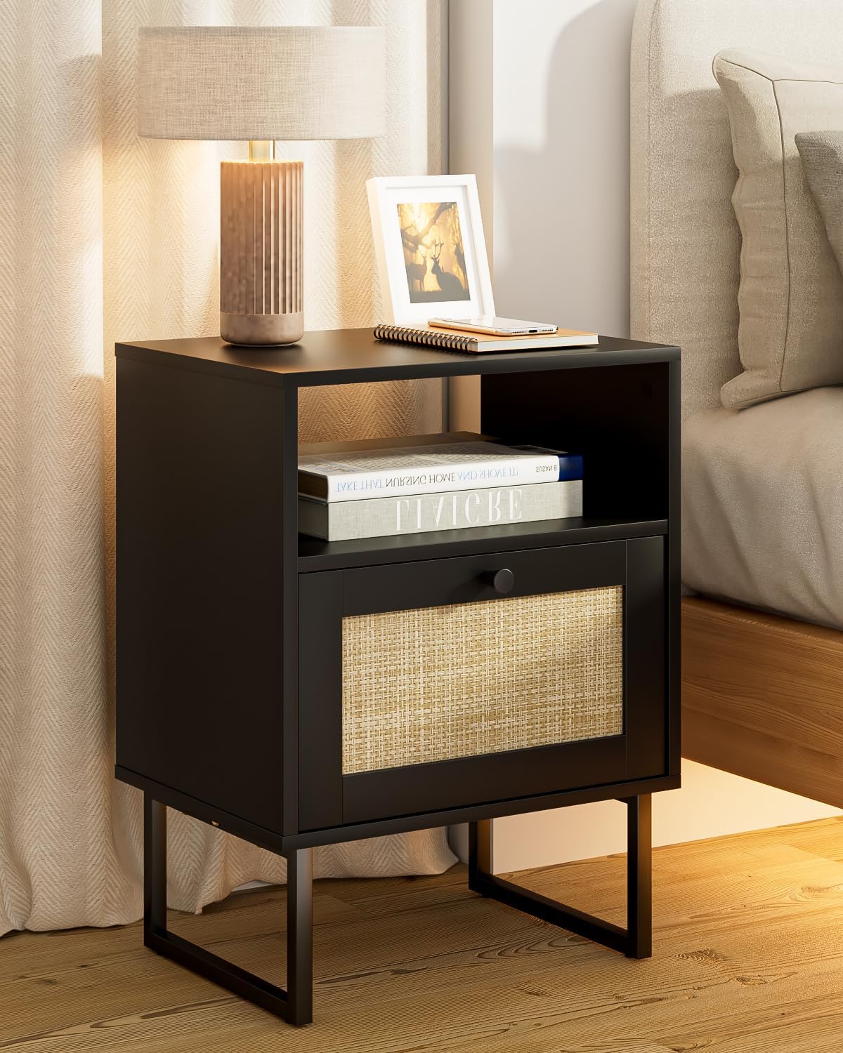 Detalle de Masupu CA-HZ1378 Rattan Nightstand, Black, with Side-Opening Drawer and Open Shelf
