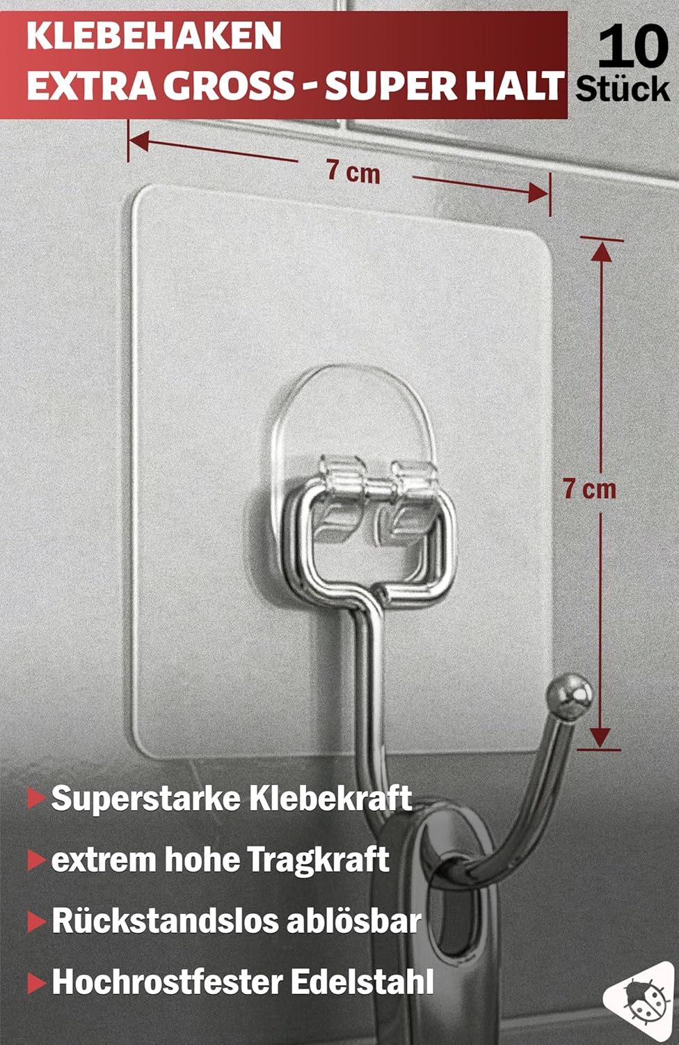 Thumbnail 1 de Menz Klebehaken extra stark (15 kg), 10er-Set – transparente, selbstklebende Haken mit 180° Drehfunktion