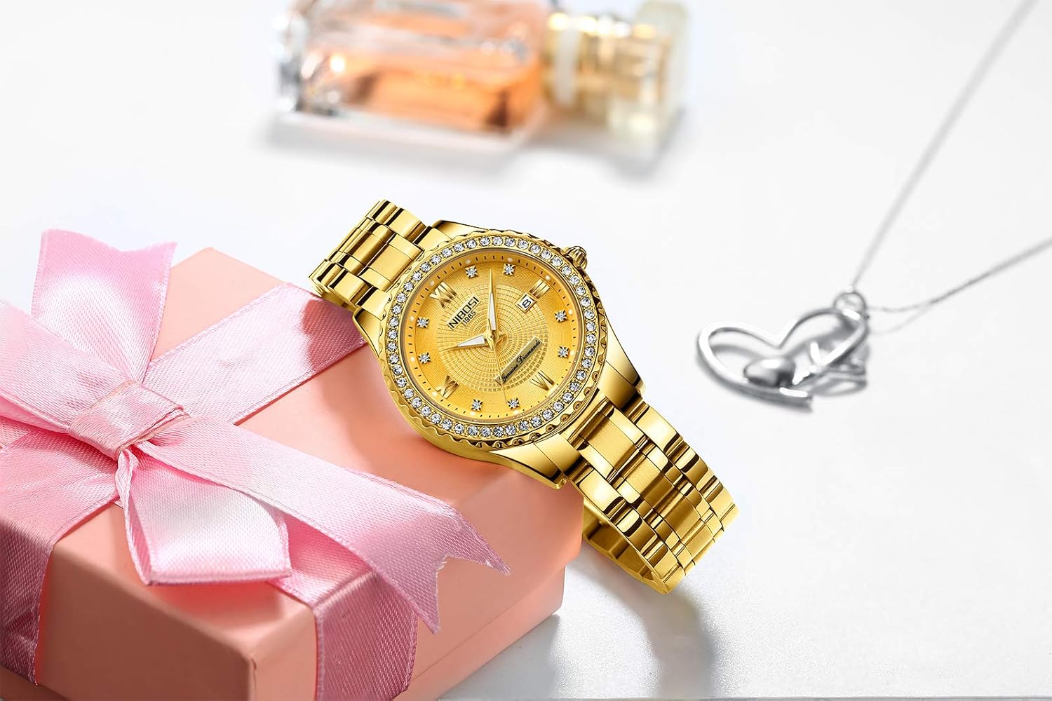Thumbnail 2 de NIBOSI Damen-Armbanduhr mit Quarzwerk, Mineralglas und roségoldfarbenem Diamant-Zifferblatt