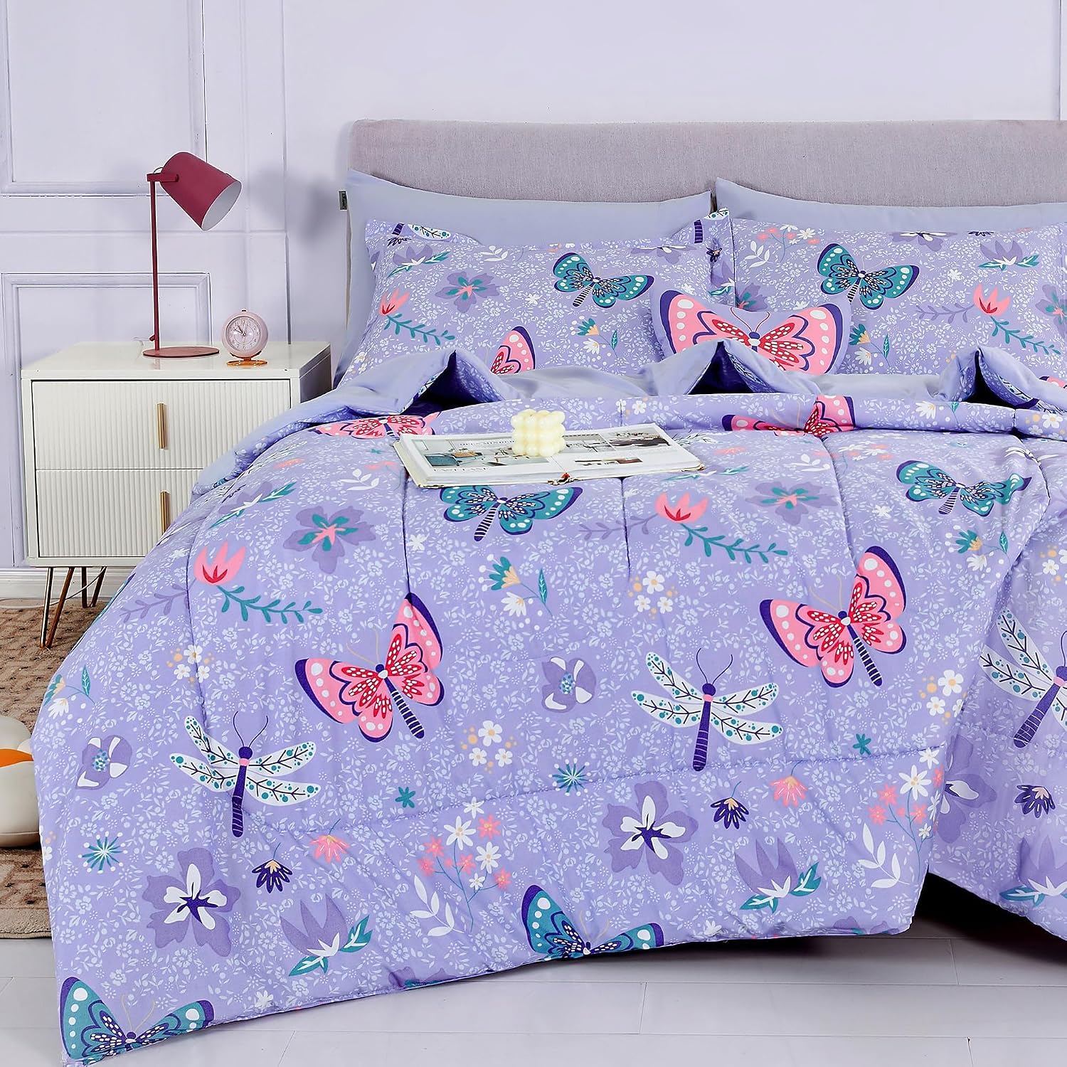 Detalle de Mooreeke Twin Kids’ Butterfly Bed-in-a-Bag Set, Brushed Microfiber, 6 Pieces