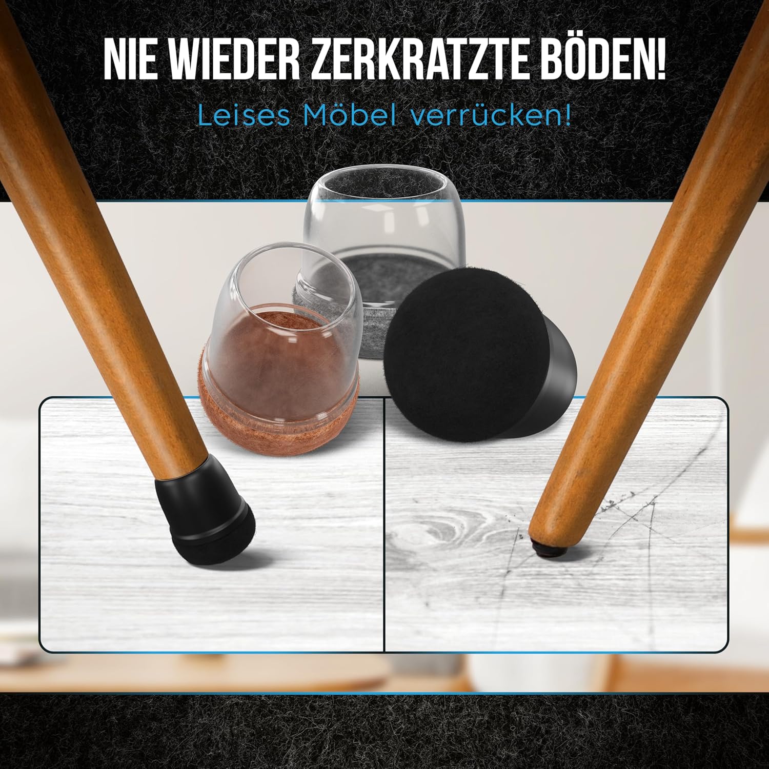 Thumbnail 5 de K's Quality Stuhlbeinkappen Rund Schwarz (16 Stück) – Filzgleiter für Stuhlbeine, 14–20 mm