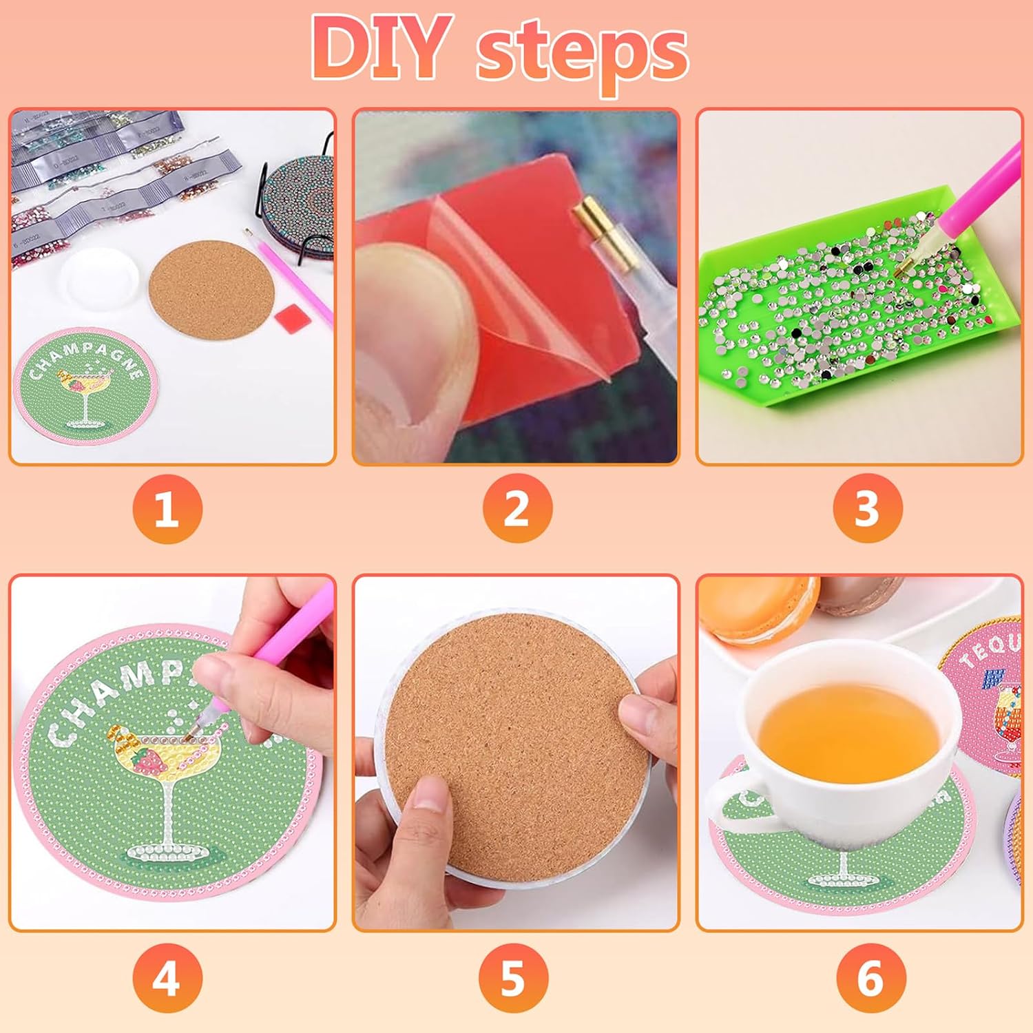 Thumbnail 6 de hkejoi BDWY205 Cocktail Diamond Art Coaster Kit, 8 Wood Coasters with Stand