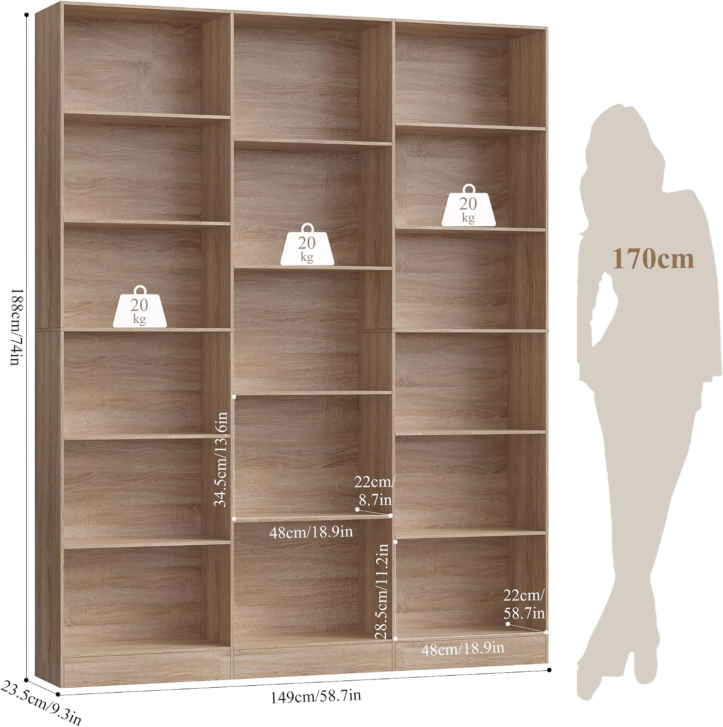 Detalle de FirFurd e Oak-Colour Bookcase, 17 Compartments, 188cm Freestanding