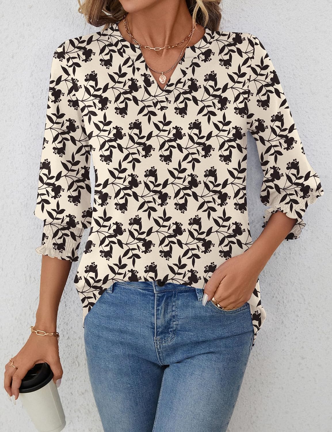 Detalle de Rapbin Damen Bluse mit 3/4-Ärmel, V-Ausschnitt und Blumenmuster (Tunika-Style)