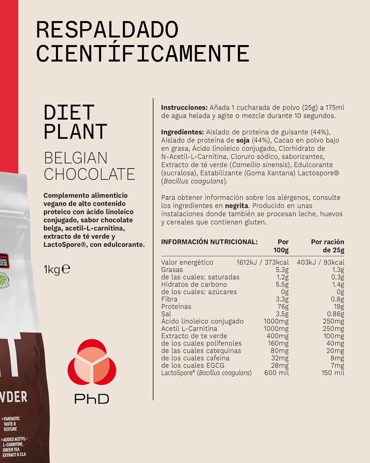 Detalle 2 de PhD Nutrition Diet Plant Proteína Vegana 1kg 🍫 Chocolate Belga