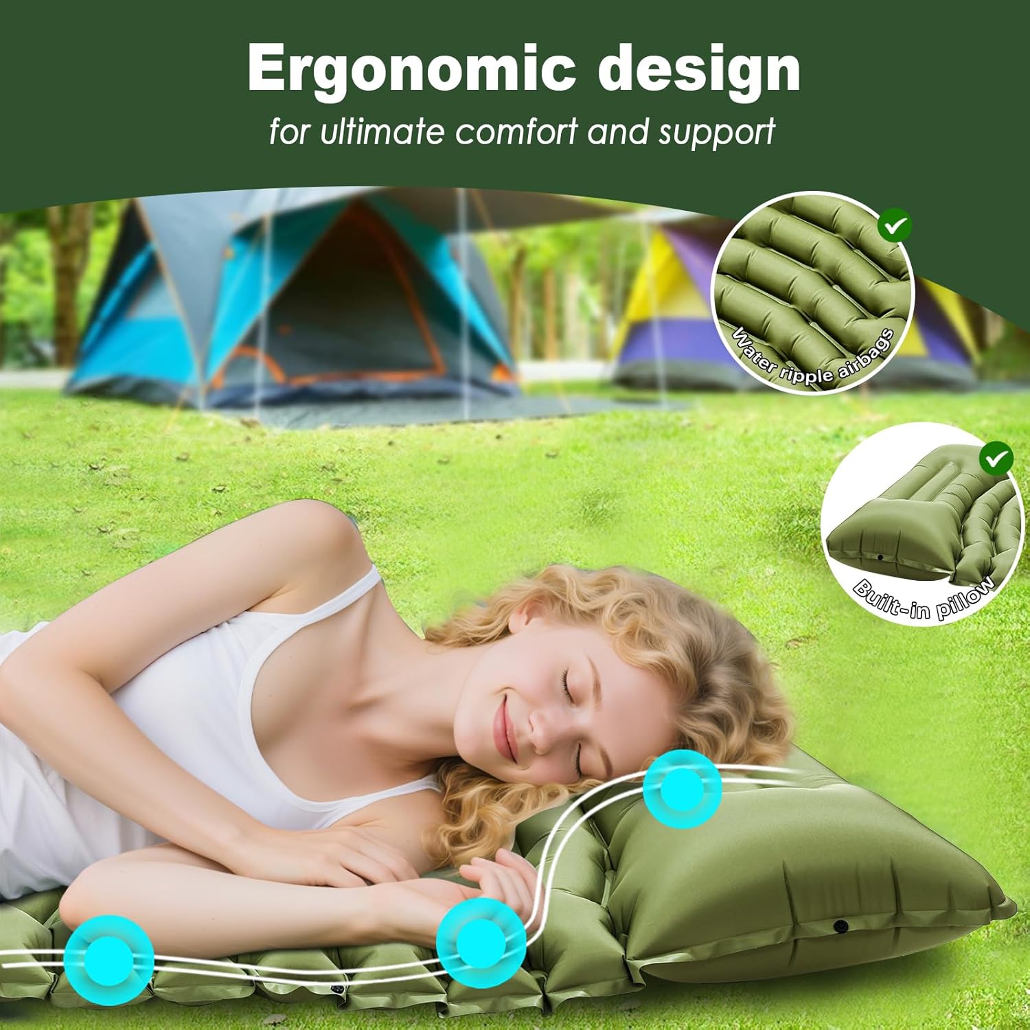 Thumbnail 2 de Pretyw Sleeping Pad for Camping – Ultralight 4-Inch Thick with Built-In Pillow and Foot Pump