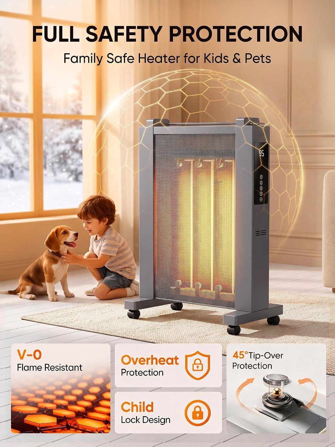 Detalle de MEPTY JH-DRM01-15R-GY01 Mica Space Heater, 1,500W, Digital Thermostat