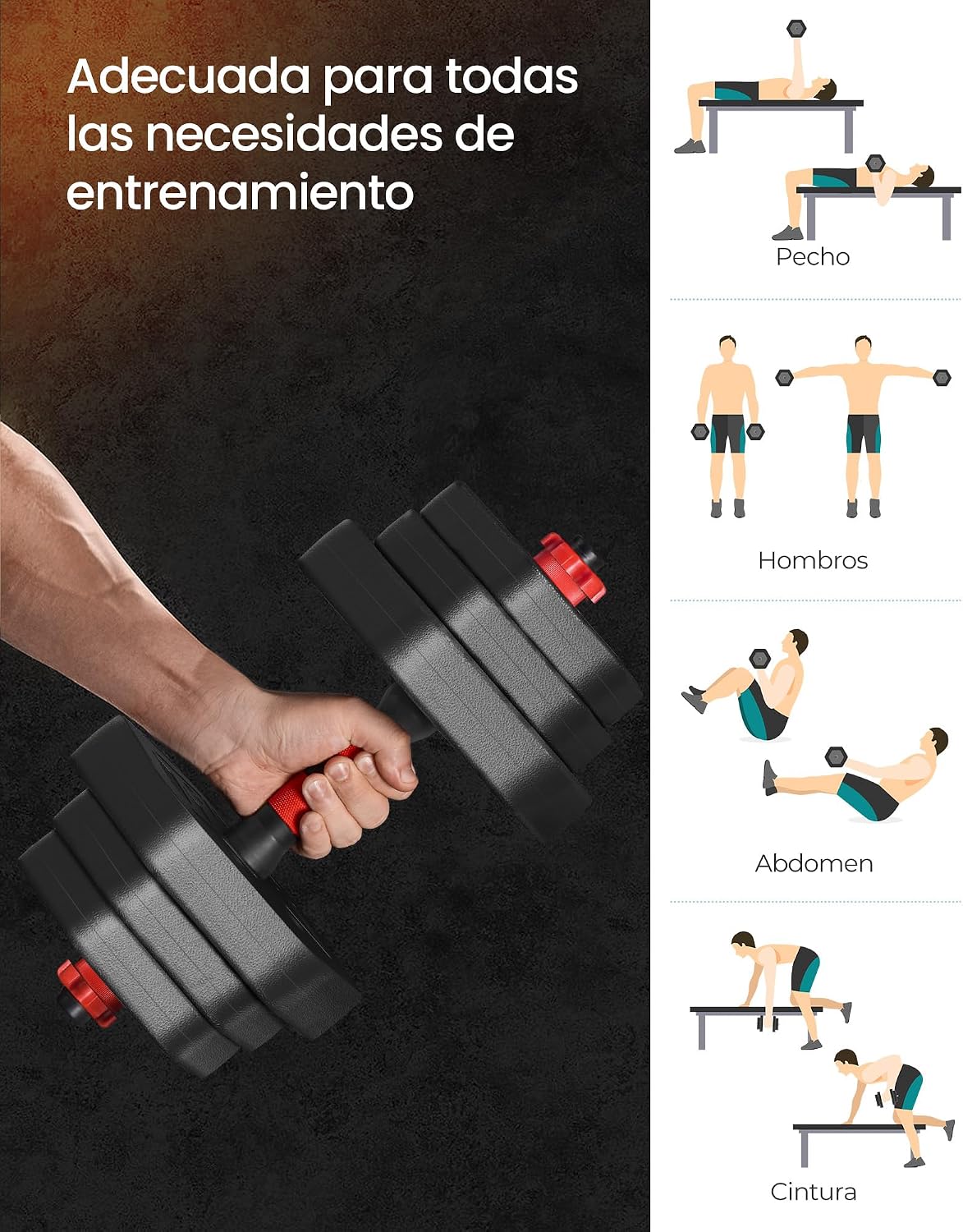 Detalle de SONGMICS Juego de Mancuernas con Barra de Conexión SYL200B01 — 20 kg en Pack Hexagonal y Barra Corta
