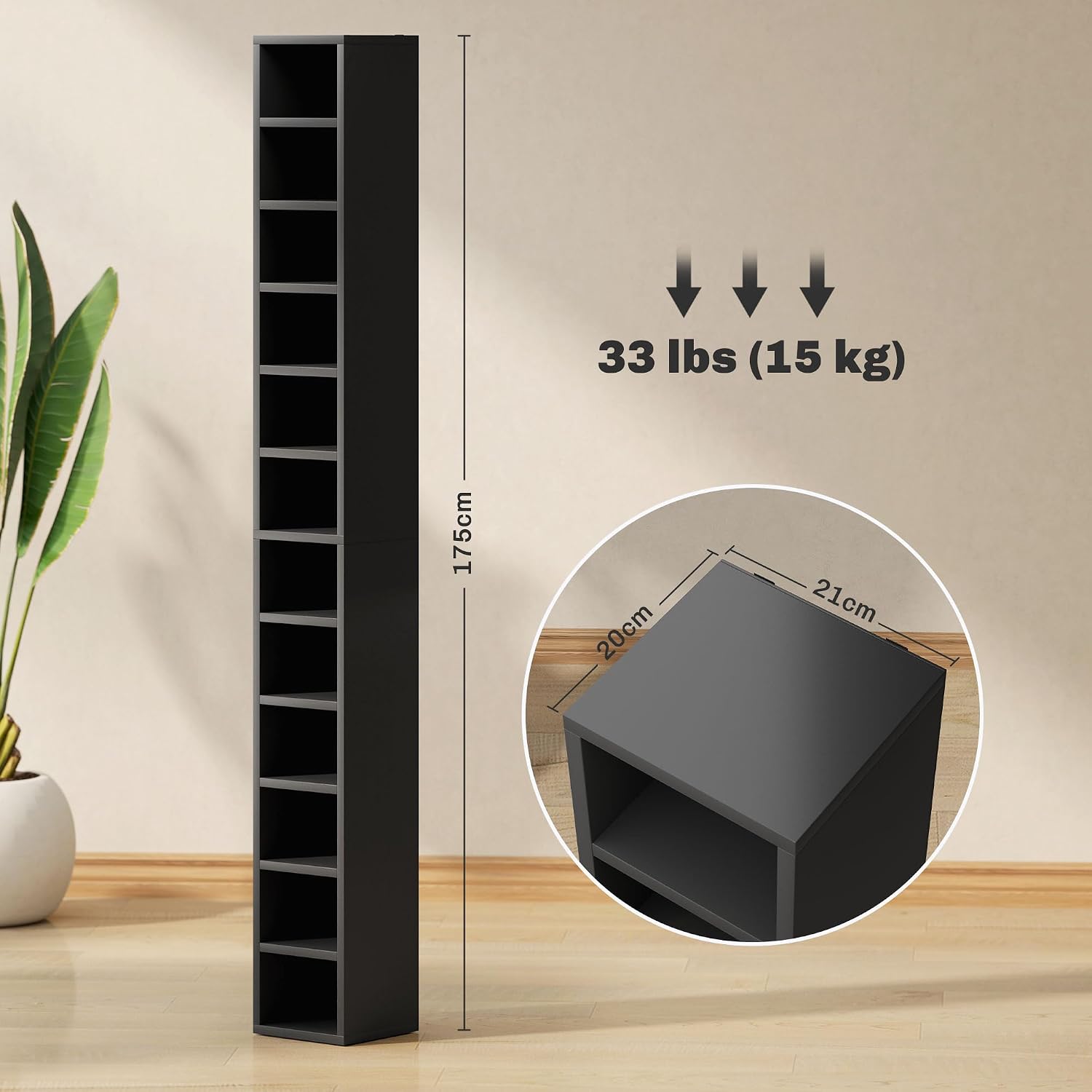 Detalle de HOMCOM 833-135V80BK CD Storage Tower, 12 Tiers, 204-CD Capacity, Black