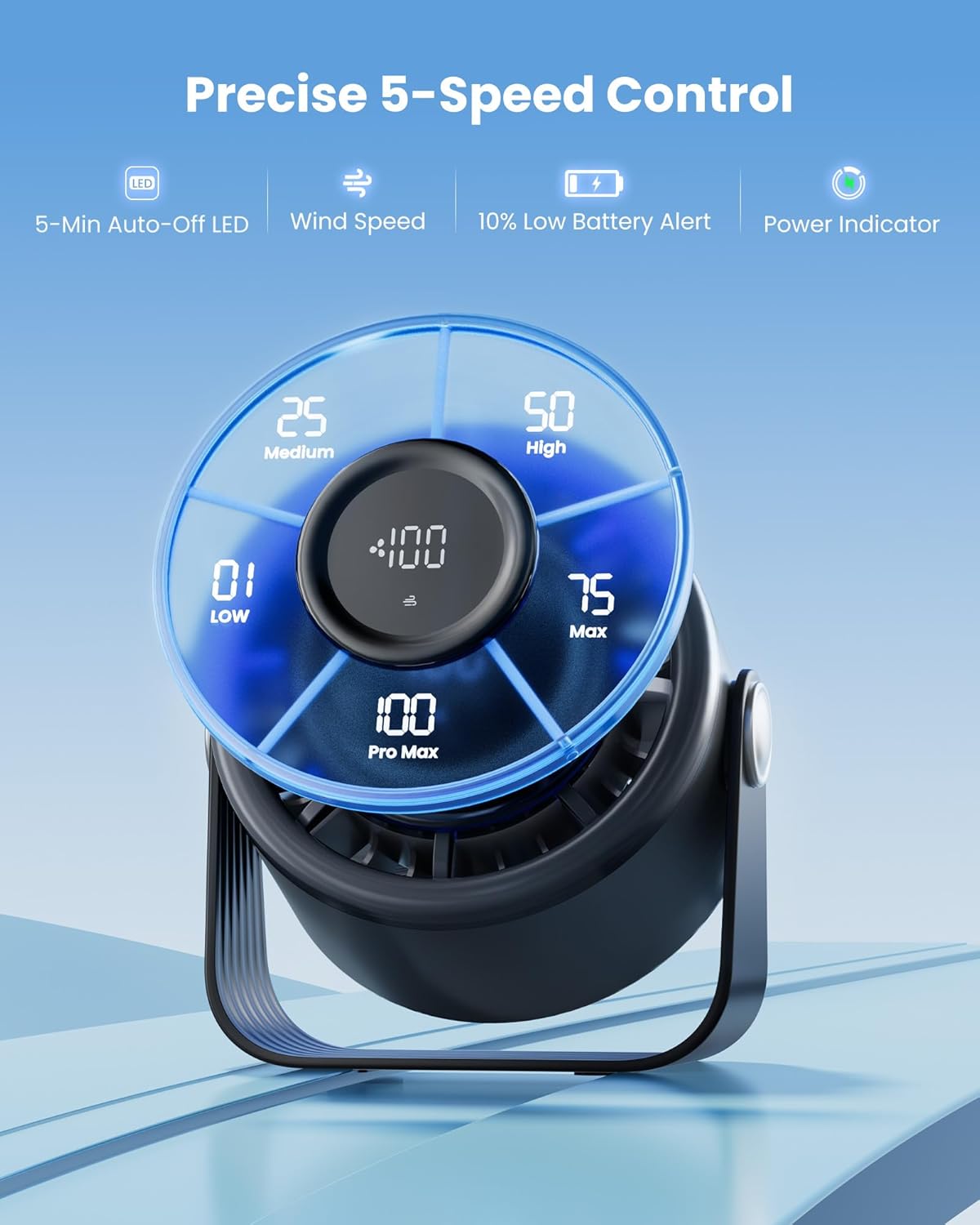 Thumbnail 6 de gaiatop Small Rechargeable Desk Fan (5in) with 4000mAh Battery, Touch Control LED, 360° Tilt, 5 Speeds – Black