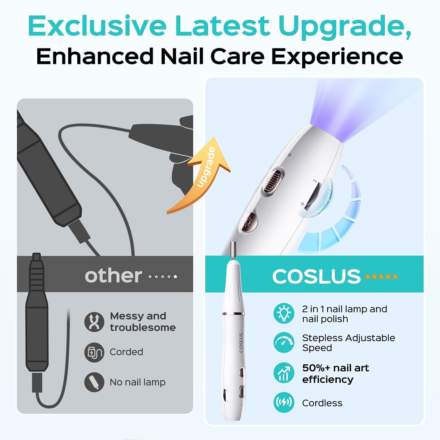 Detalle de COSLUS C41 Cordless 2-in-1 Nail Drill with Lamp: Portable Efile for Home & Salon