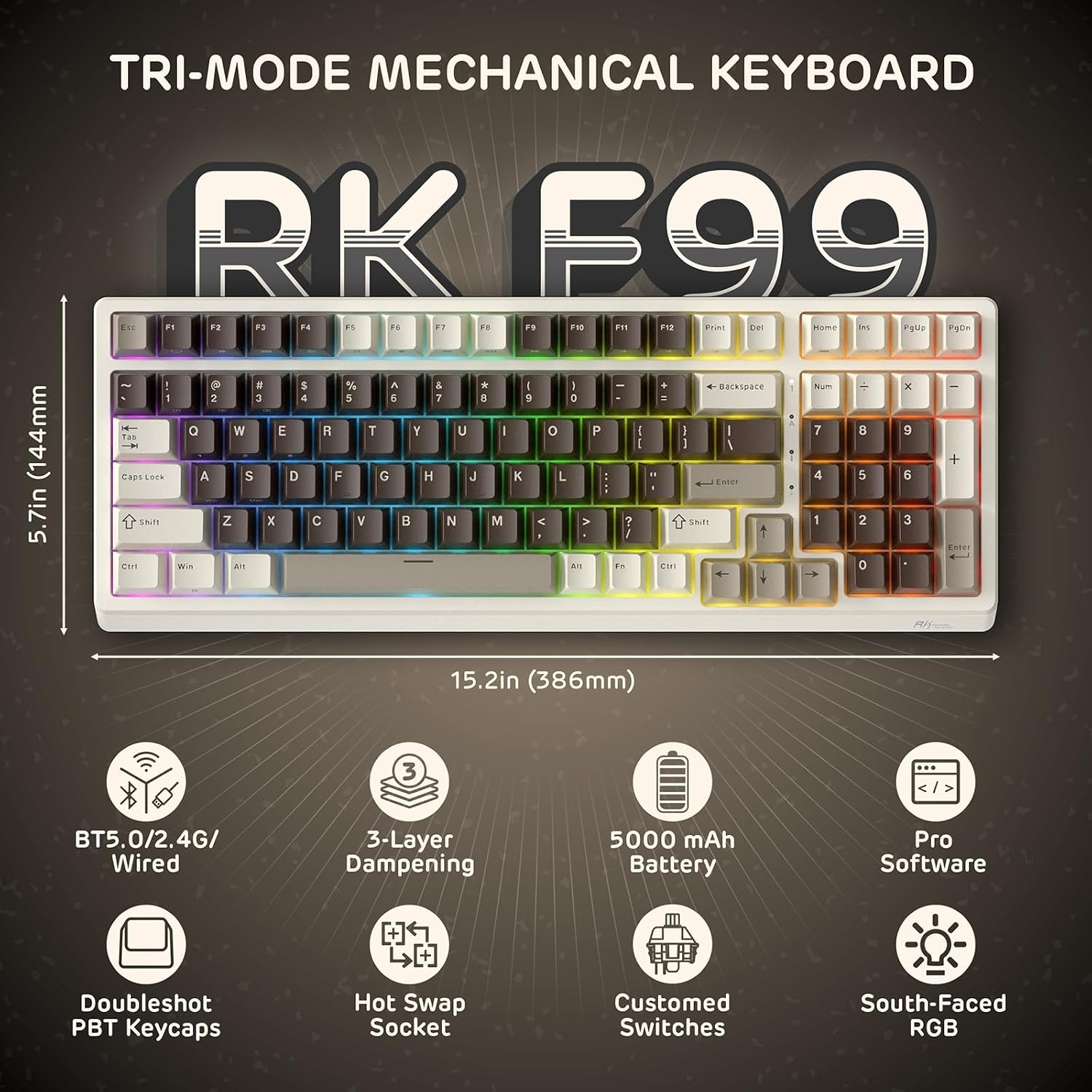 Detalle 2 de RK ROYAL KLUDGE F99 tastiera meccanica wireless 2.4G/BT con RGB, 100 tasti, interruttore crema e poggiapolsi magnetico