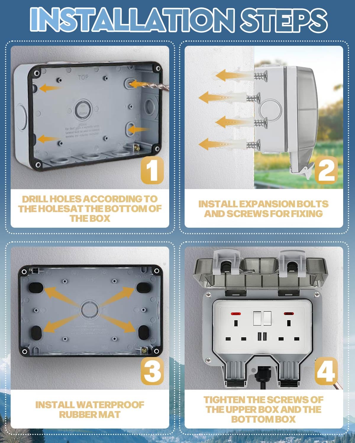 Thumbnail 5 de Olutula Outdoor Socket 10m Extension Lead with 2 USB Ports (IP66, 13A, weatherproof double socket)
