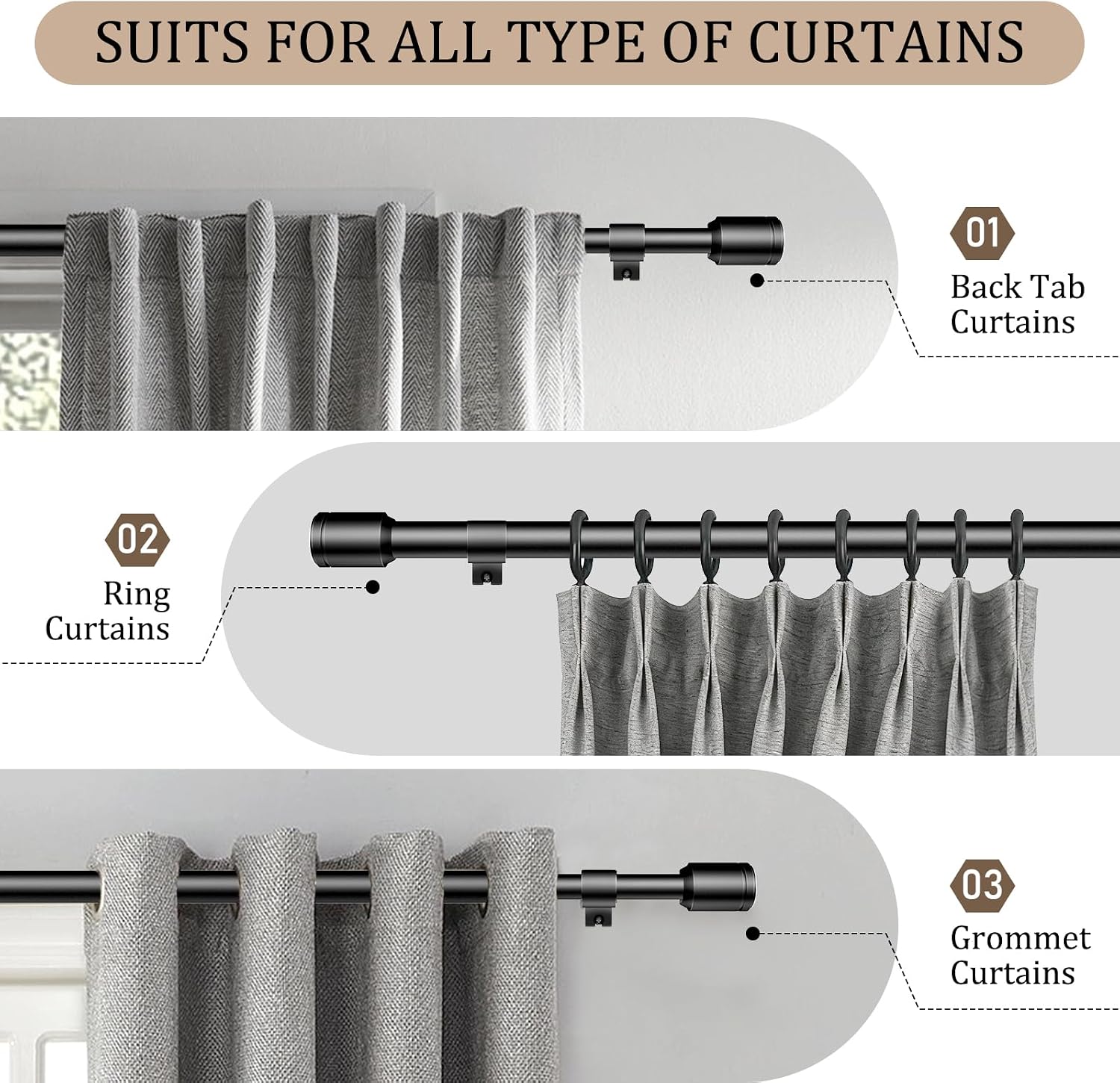 Detalle de Edidonson CR30120Bl2P 2-Pack Curtain Rods, 1-Inch Matte Black, 84–120-Inch