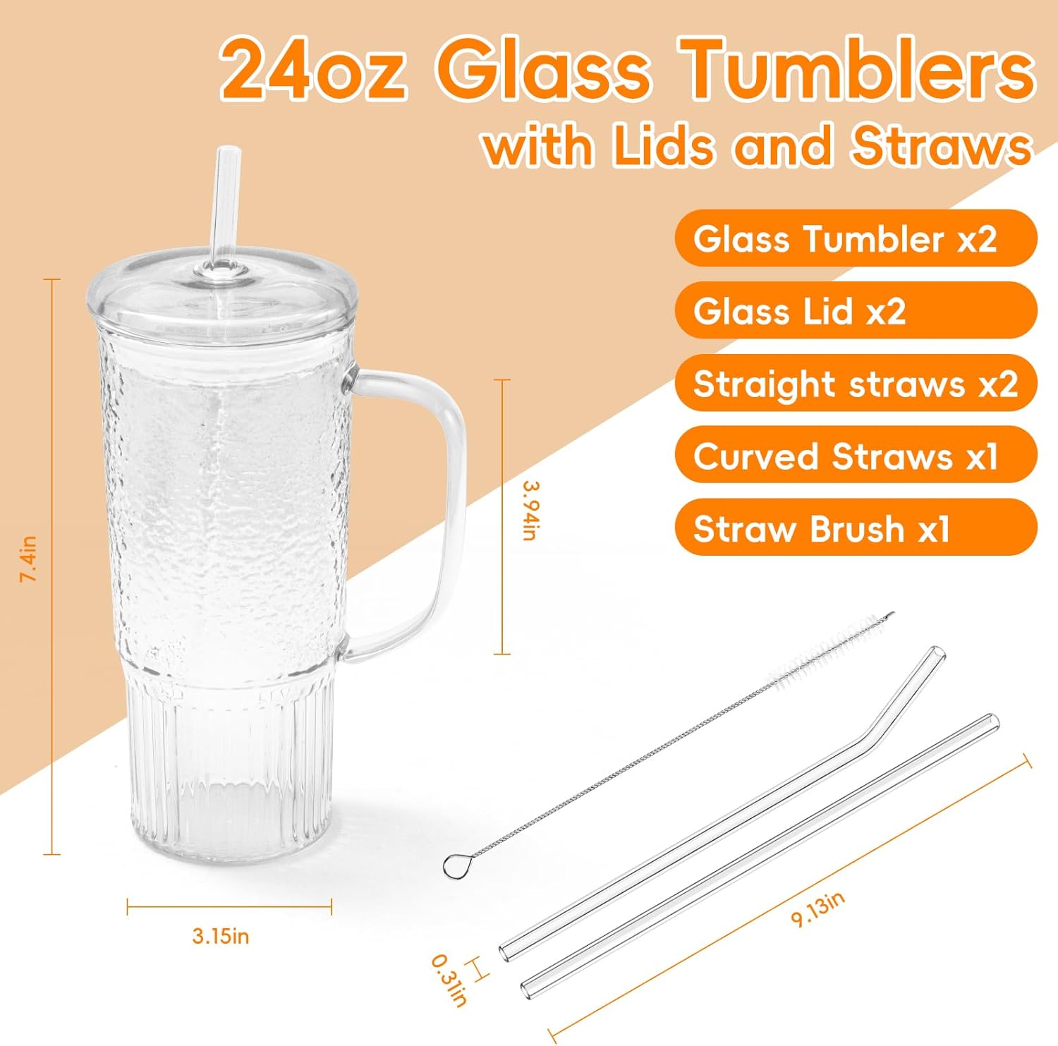 Thumbnail 1 de GOSCHE 24oz Glass Cups with Lids and Straws (2 Pack) – Clear Iced Coffee Cups with Handle