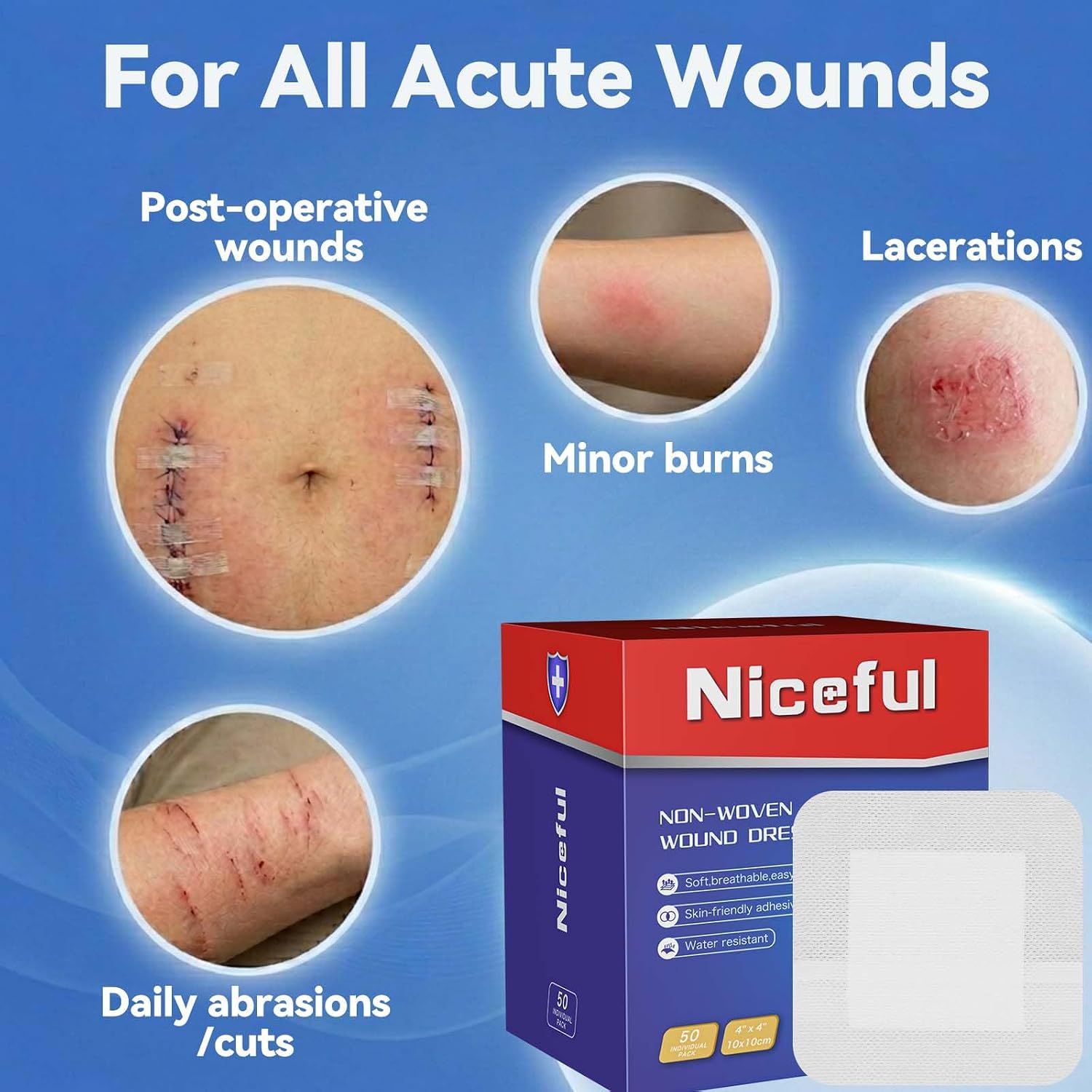 Thumbnail 4 de Niceful 50 Count 4" x 4" Adhesive Gauze Island Dressing — Water-Resistant Sterile Pads for First Aid