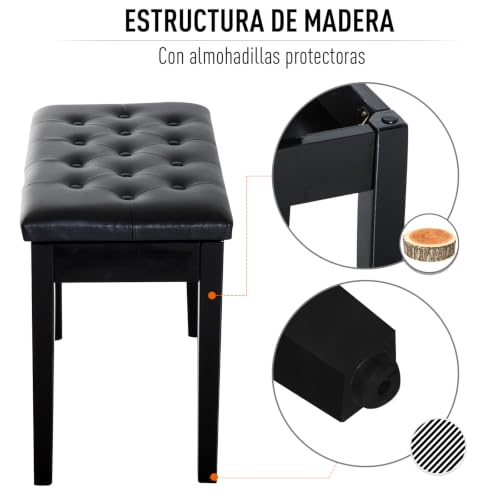 Detalle de HOMCOM Banco de piano con almacenamiento, asiento de cuero sintético y patas de madera