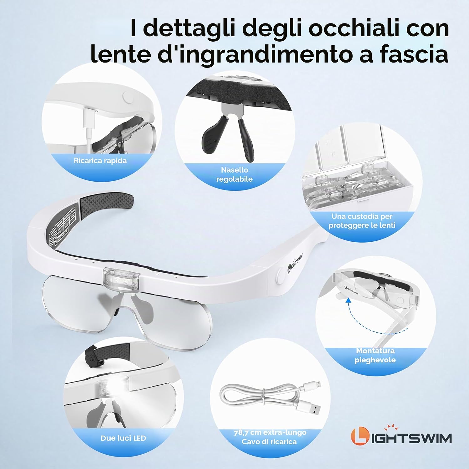 Thumbnail 4 de Lente d'ingrandimento LED Lightswim: 4 lenti intercambiabili, ricaricabile e mani libere