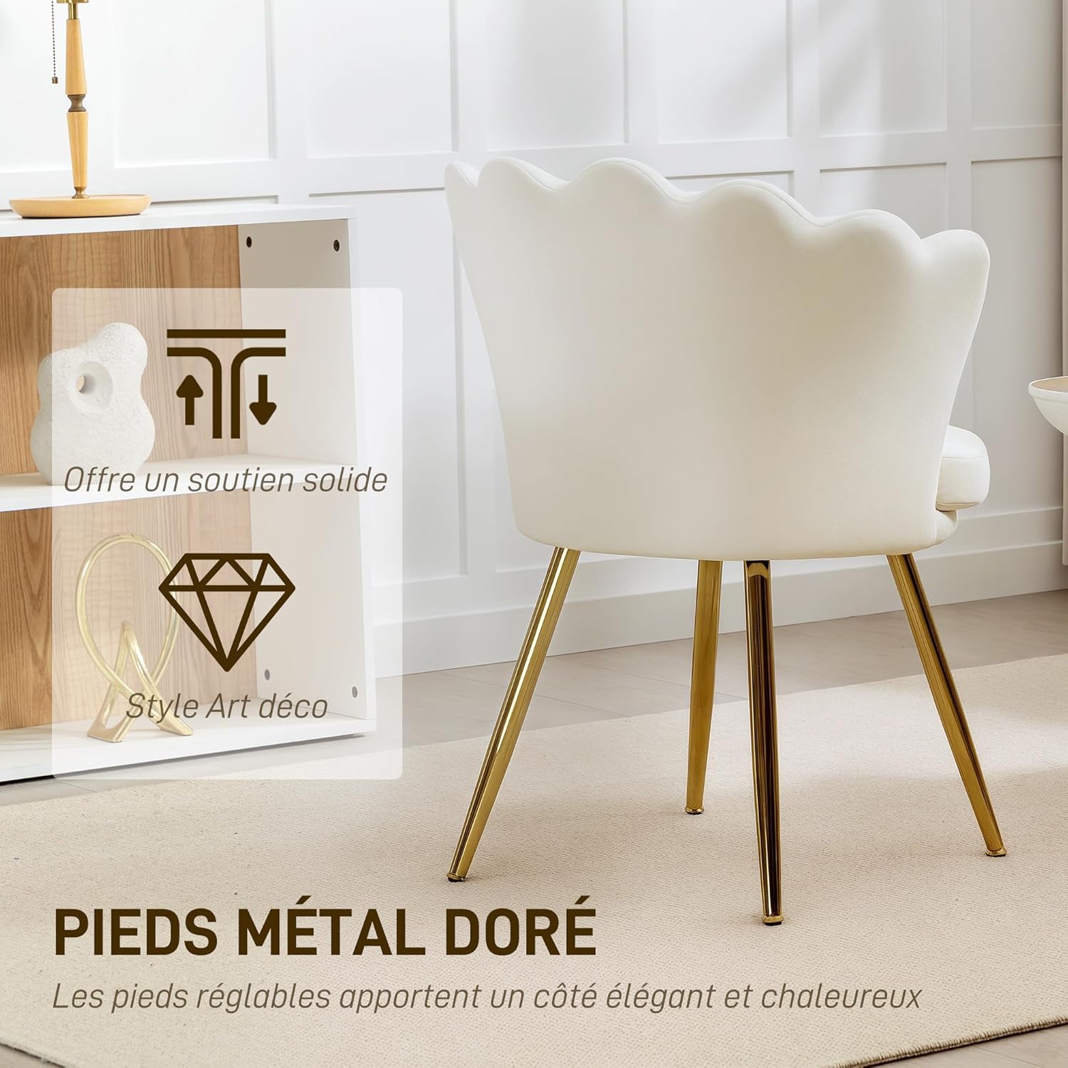 Thumbnail 3 de HOMCOM fauteuil coquillage en velours beige avec pieds en métal doré