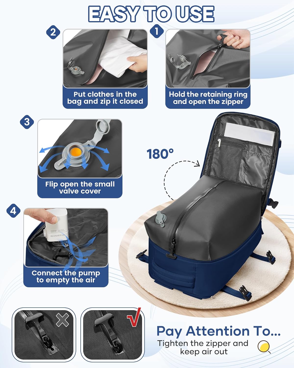 Detalle 2 de SZLX Großer Reiserucksack Damen – Vakuum-Kompression, 40x30x20 cm, Laptopfach, Schuhfach, USB-Pumpe