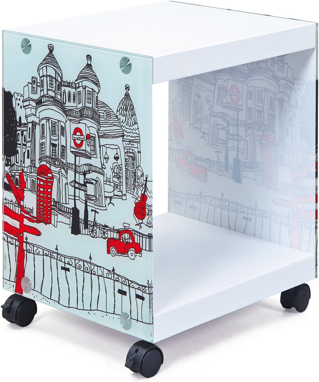 Detalle de Inter Link Tavolino – Comodino London Cube: stile moderno in vetro e MDF, 38 x 33,5 x 46 cm