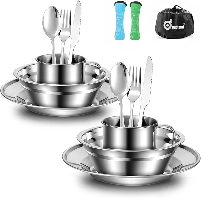 Detalle de Odoland Vajilla de Acero Inoxidable 15-en-1 🍽️ para Picnic y Camping