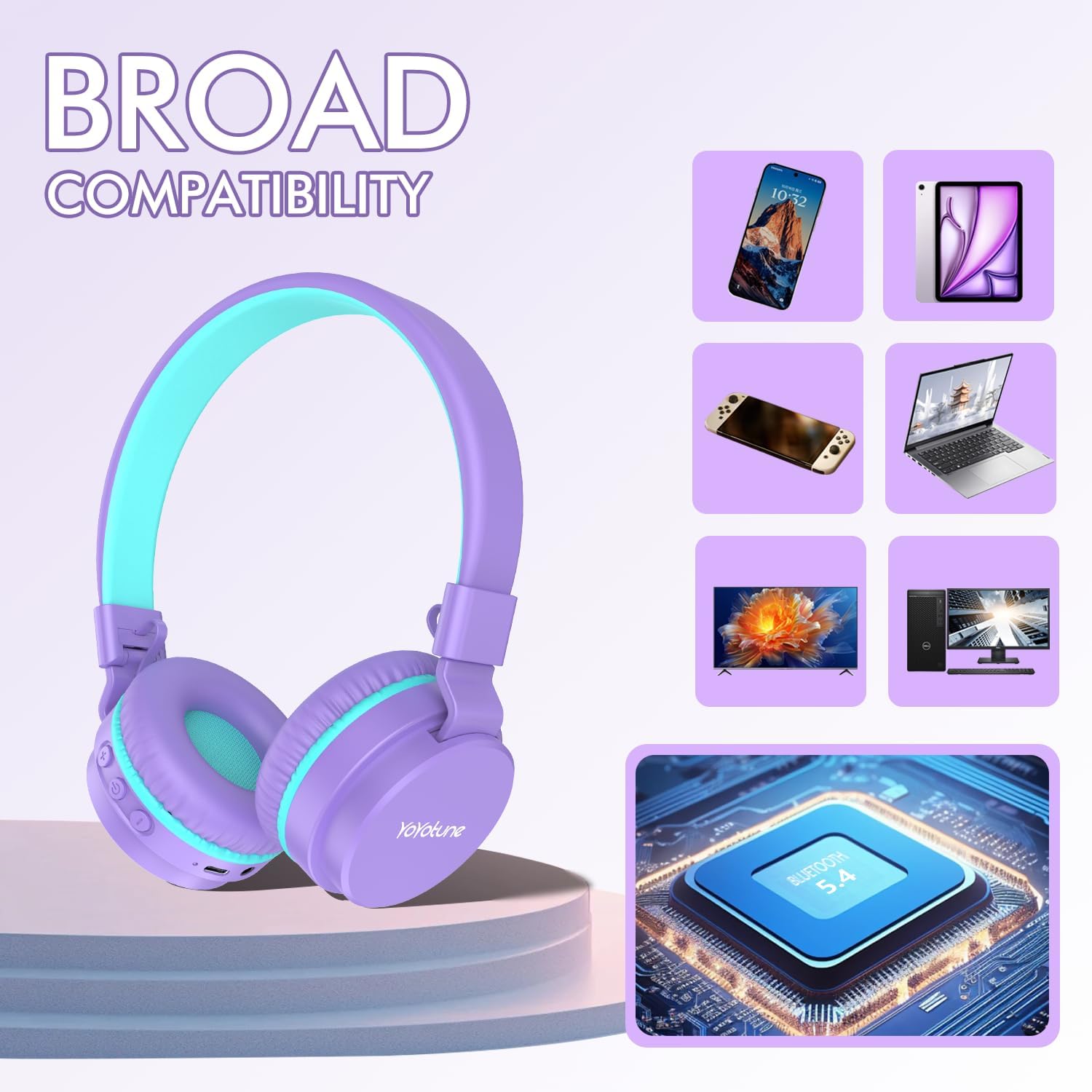Thumbnail 3 de Kids Bluetooth Headphones (Purple) with Built-in Mic, 40H Playtime & Bluetooth 5.3 (Over-Ear, Volume Limited)
