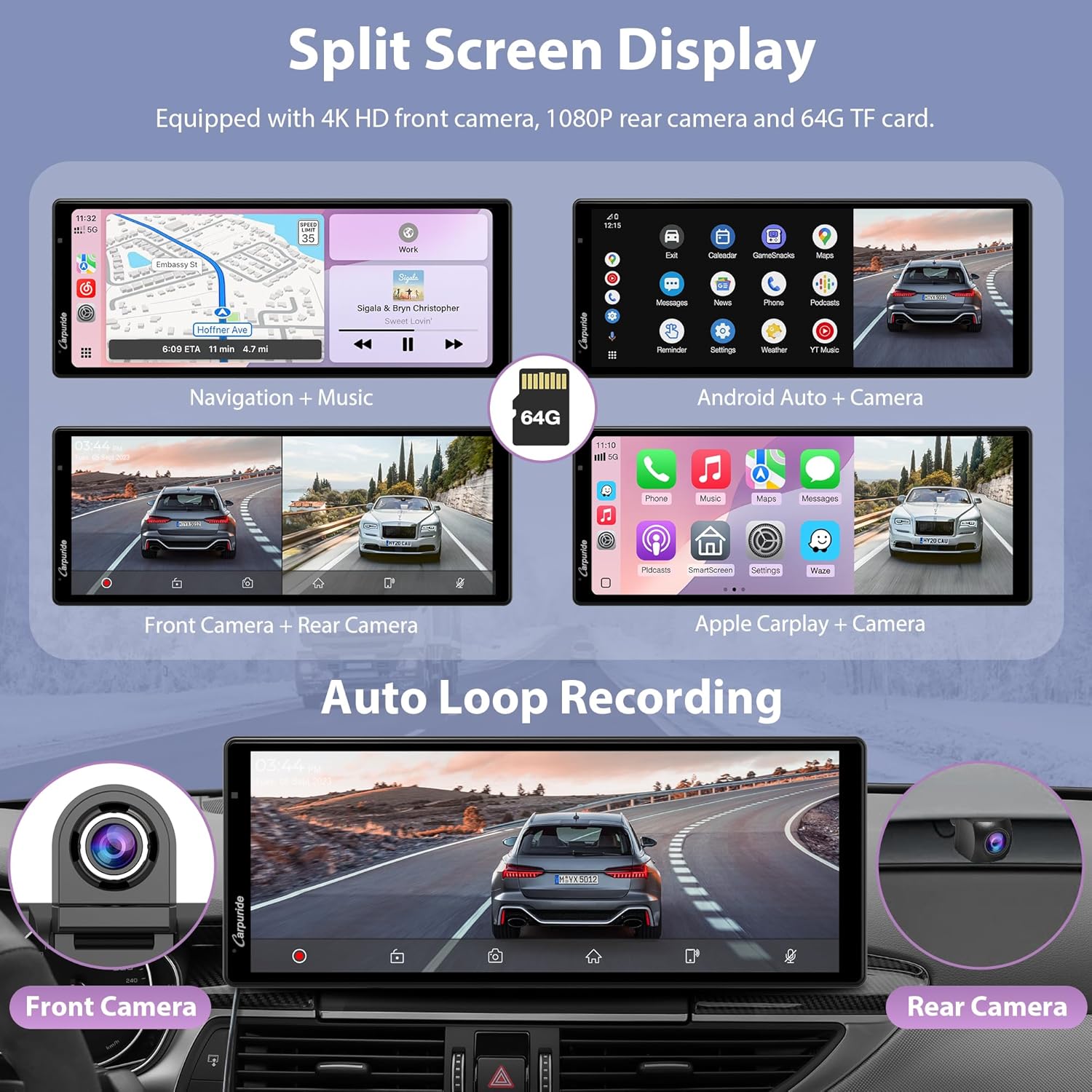 Detalle 2 de Carpuride 10.26” Wireless CarPlay Dash Cam