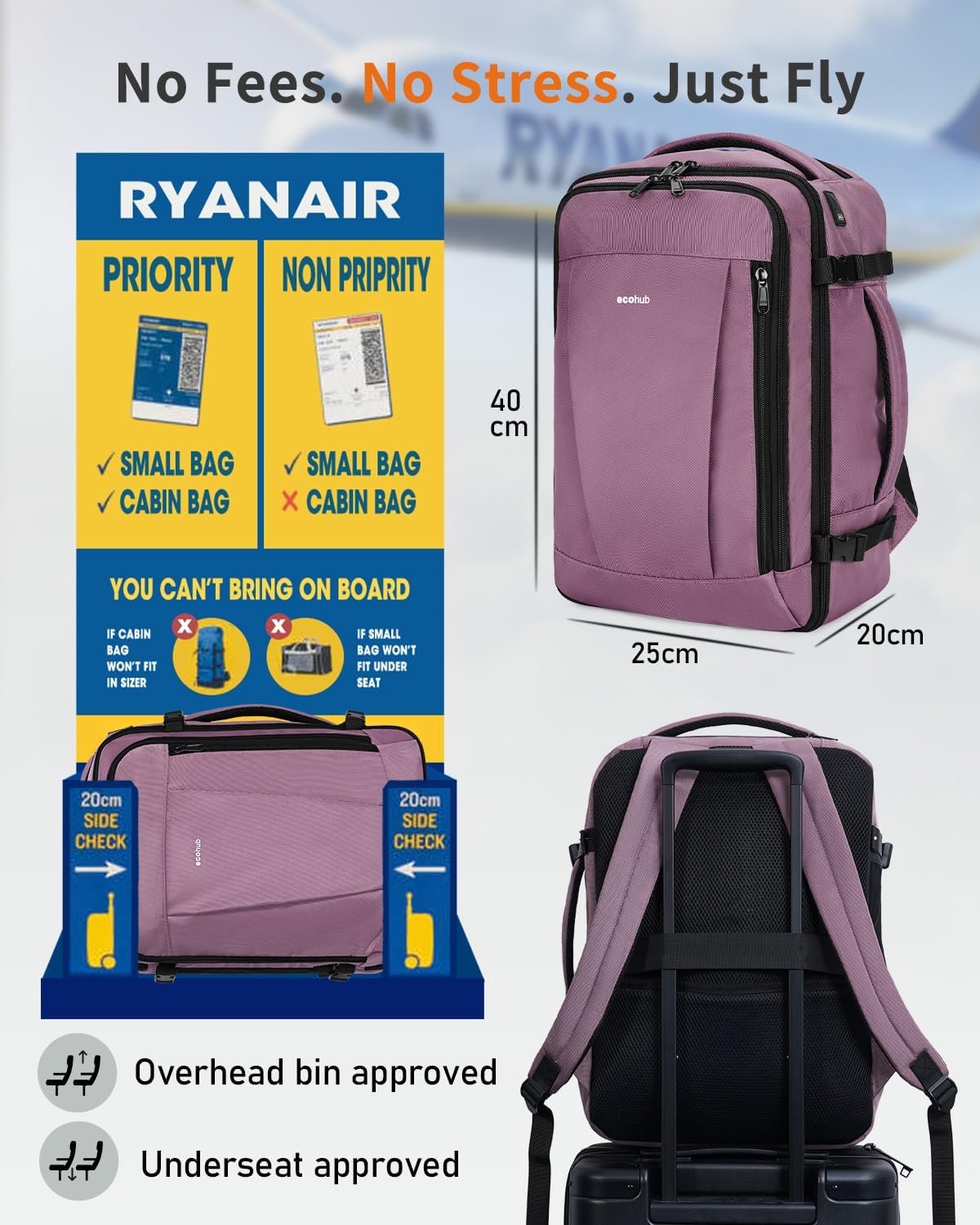 Thumbnail 1 de ECOHUB Ryanair Cabin Bag 40x20x25 Underseat Travel Backpack 20L with USB Port