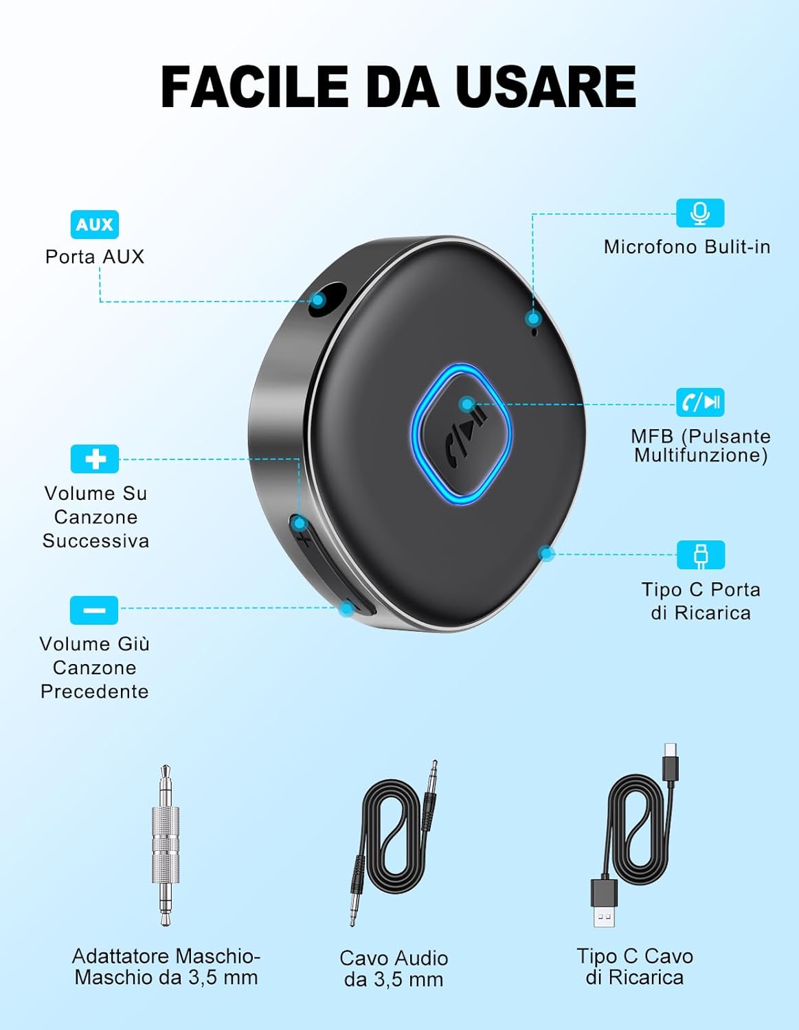 Thumbnail 5 de Mohard Ricevitore Bluetooth 5.3 per jack 3,5 mm, 16 ore di riproduzione