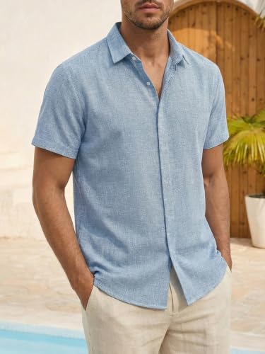 Detalle de Runcati Herren Leinenhemd Kurzarm Blau – Business Sommerhemd in Größe L