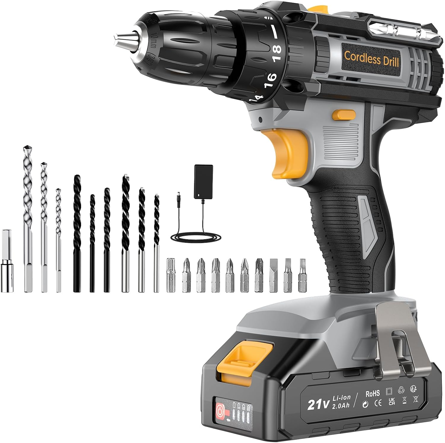 Detalle de LEEIKOO Cordless Drill, 21V Electric Drill 42N.m with 2.0Ah Battery, Combi Set 10mm Chuck, 2 Speeds, 18+1 Torque, LED Light, 20pcs Drill Set for Garden DIY Project, Grey
LEEIKOO Cordless Drill, 21V Electric Drill 42N.m with 2…