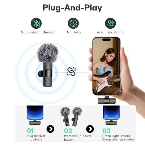 Detalle 2 de aiworth Mini Wireless Lavalier Microphone for iPhone/iPad/Android – Dual Transmitters, Plug & Play
