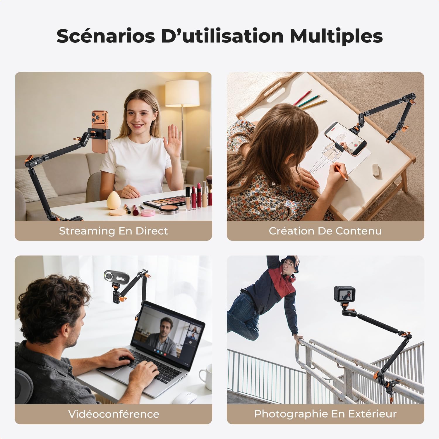 Detalle de K&F CONCEPT Kit Bras Magique 22" avec Pince — bras articulé polyvalent pour téléphone, caméra d'action, LED et micro